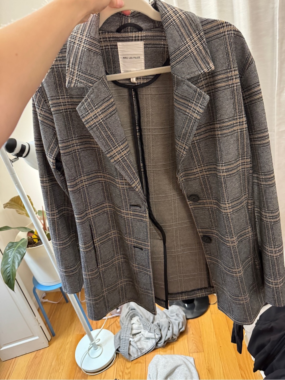 Avec Les Filles Gray Plaid Double-Breasted Blazer